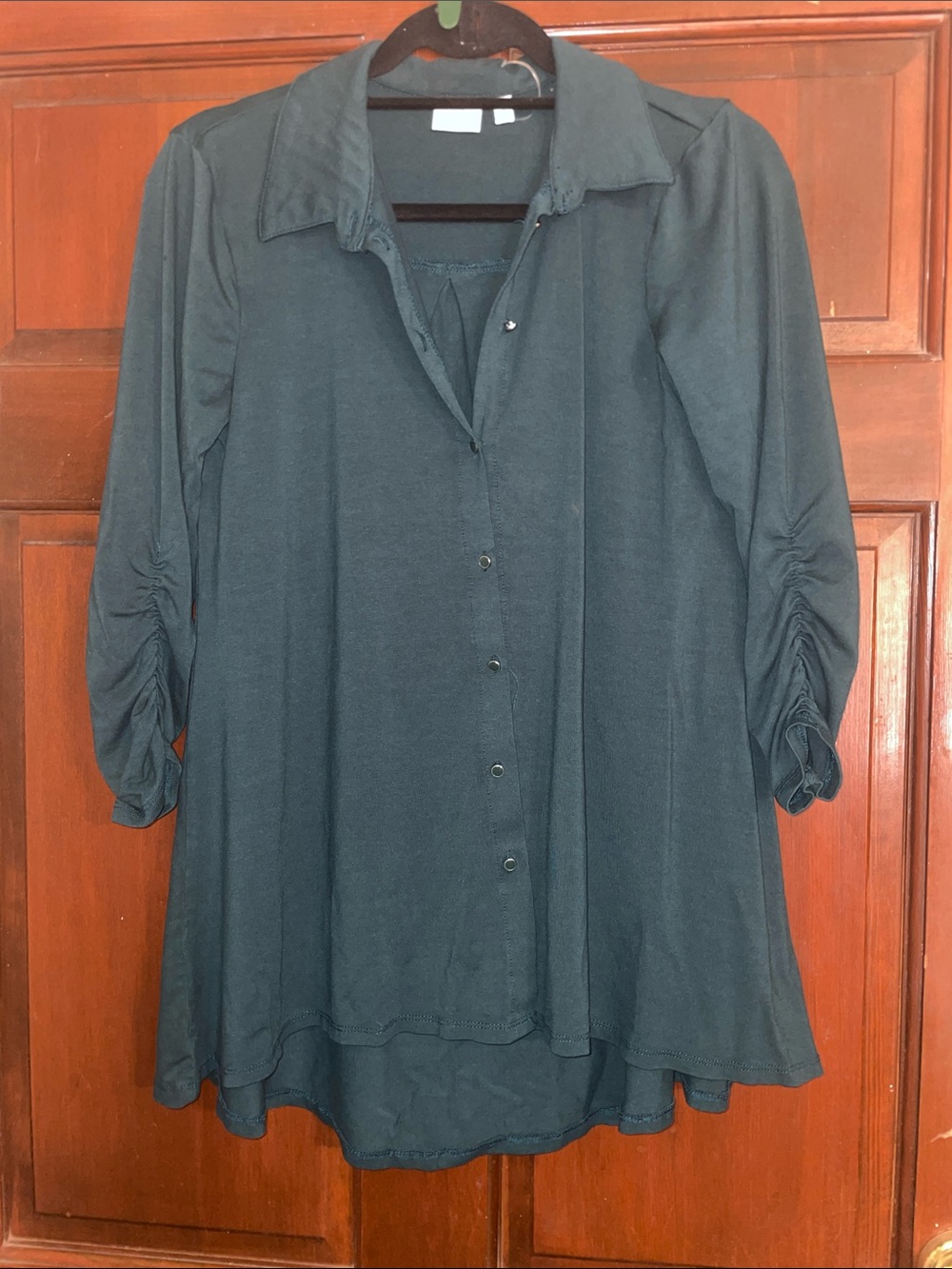 new directions Forest Green Button-Front Tunic with Ruched Sleeves